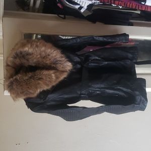 Faux Leather Coat With Faux Fur Collar